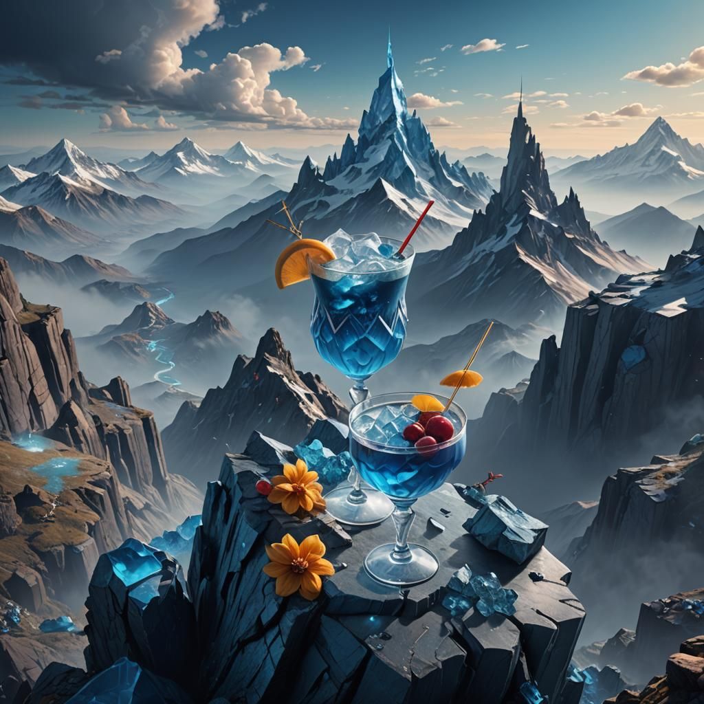 Blue Cocktail on Surrealist Mountain Summit: Digital Art