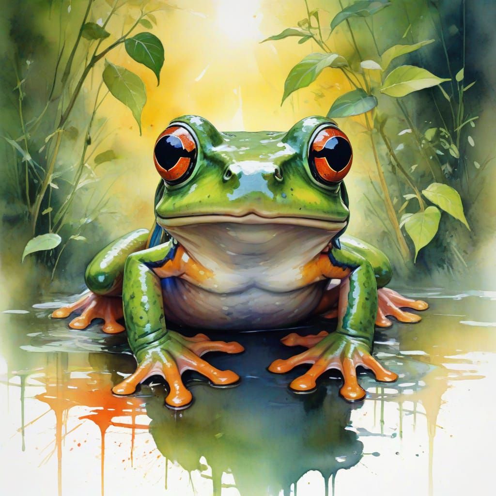 Ethereal Jungle Frog Amidst Vibrant Sunset Foliage