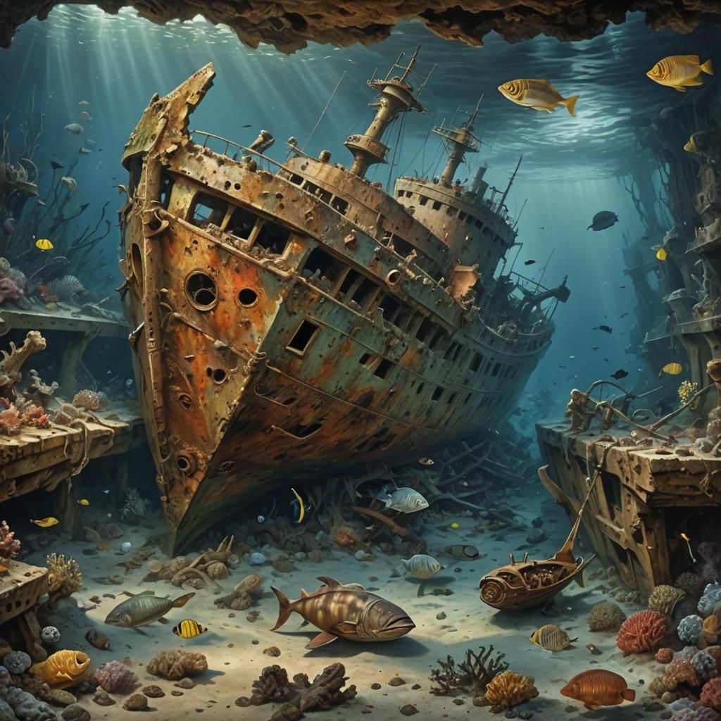 Detailed Undersea Shipwreck Inspired by Classic Paintings