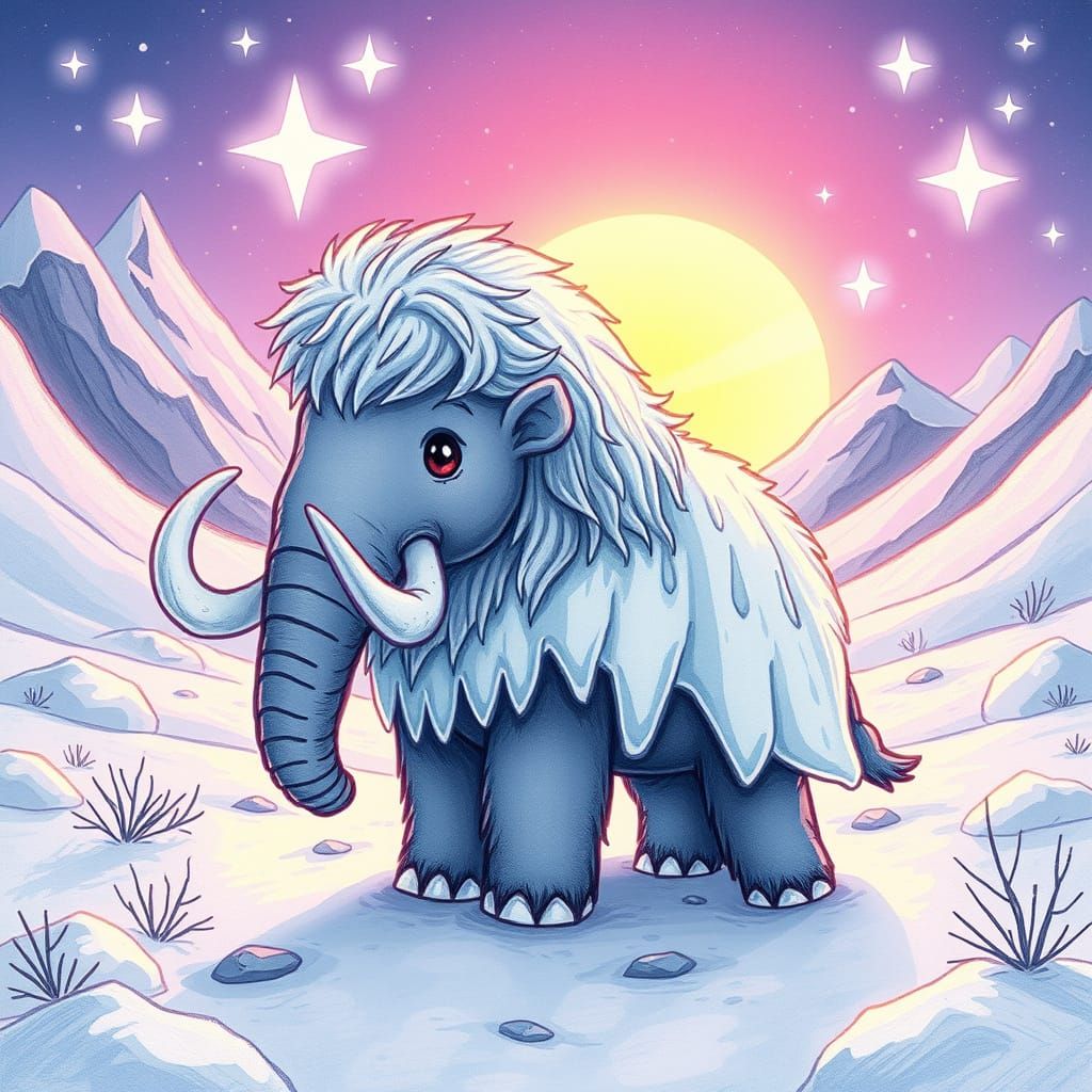 Whimsical Woolly Mammoth with Flowing Icy Cloak