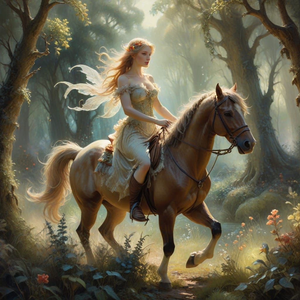 Fairy and Horse in Dreamy Oil Painting