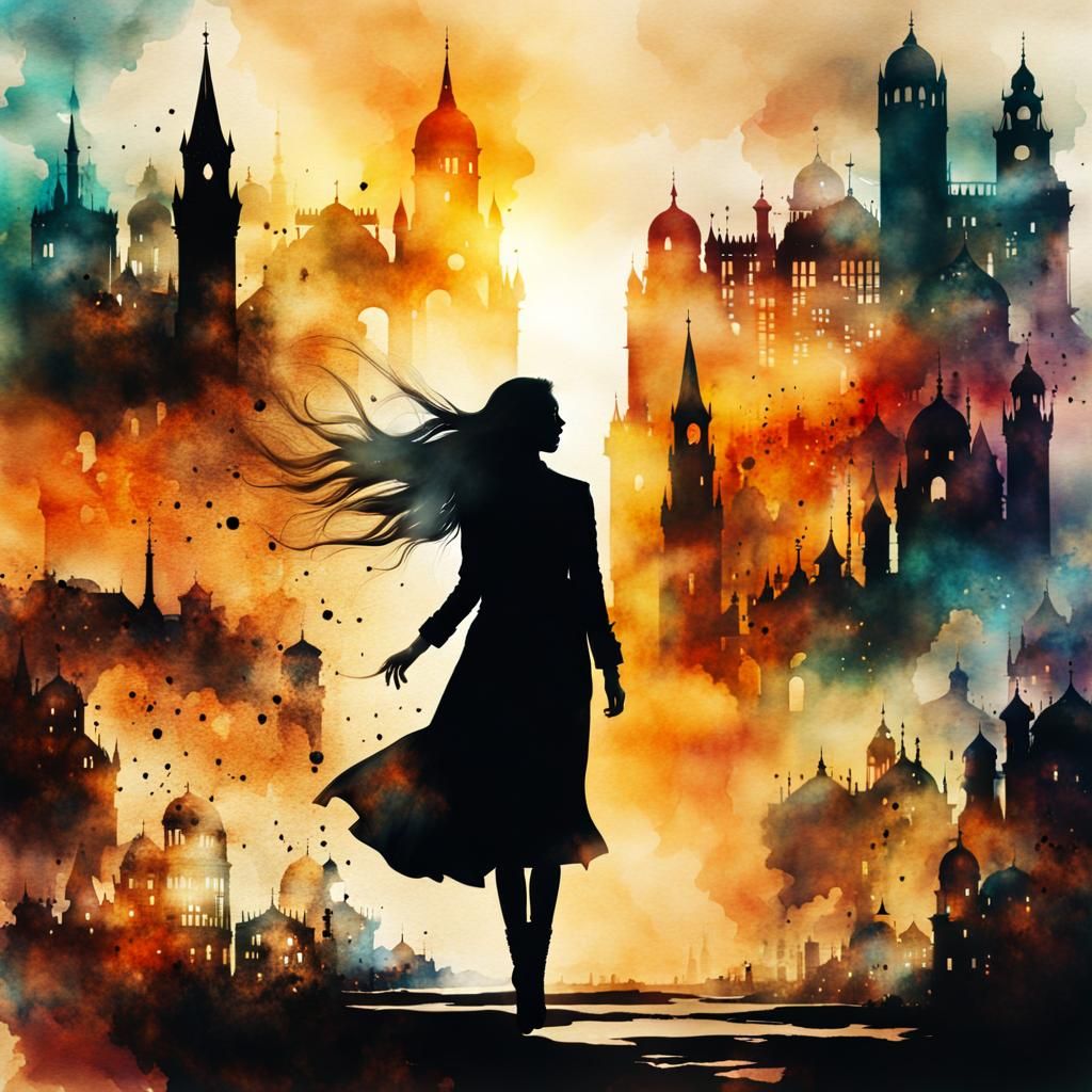 Mysterious City Double Exposure in Watercolor and Ink