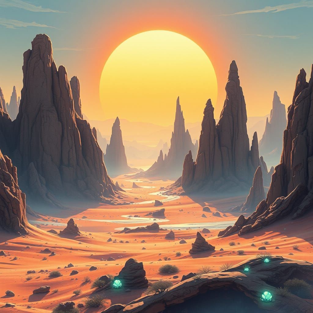 Alien Desert Landscape Under Binary Sunset