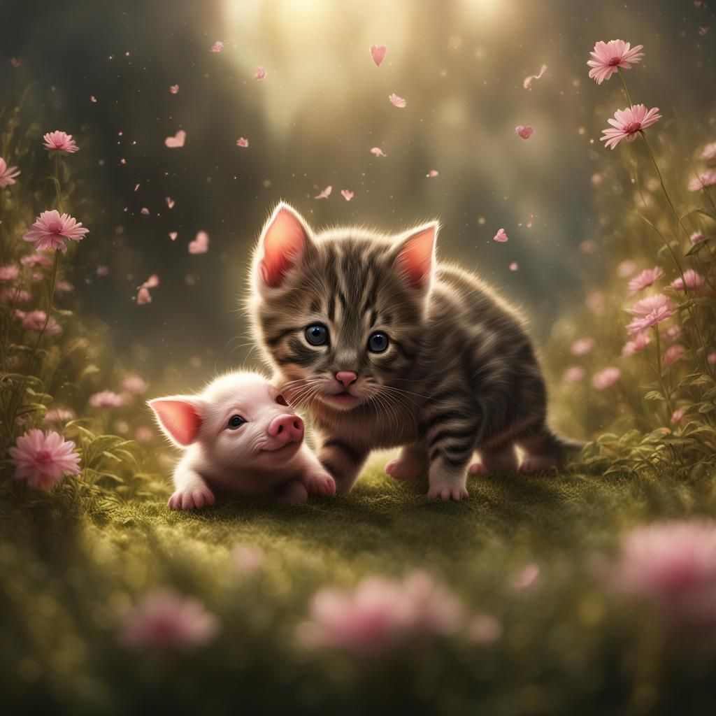 Tabby Kitten Nose-Kissing Piglet: Digital Matte Painting
