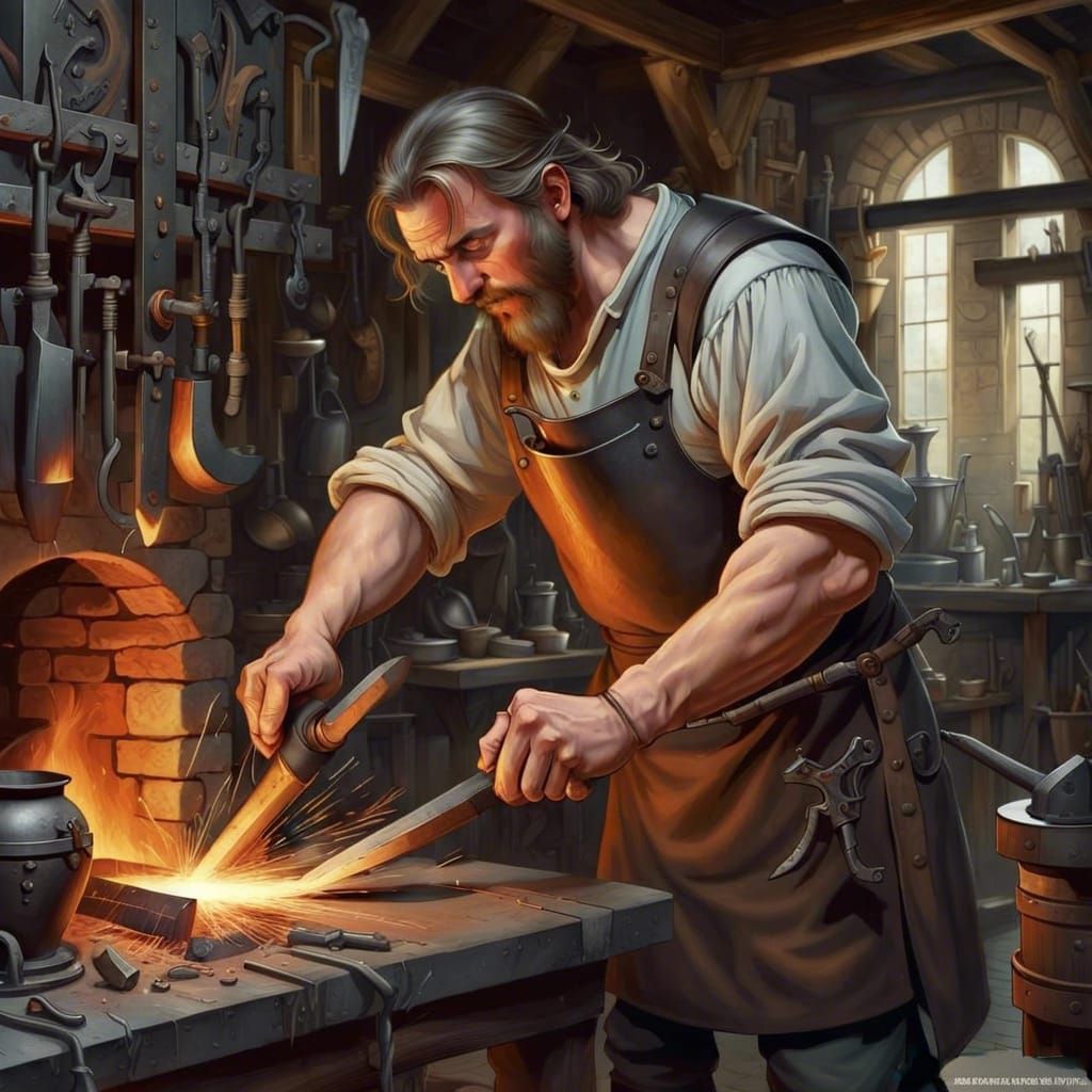 Mid-evil Blacksmith with forge and tools of his time