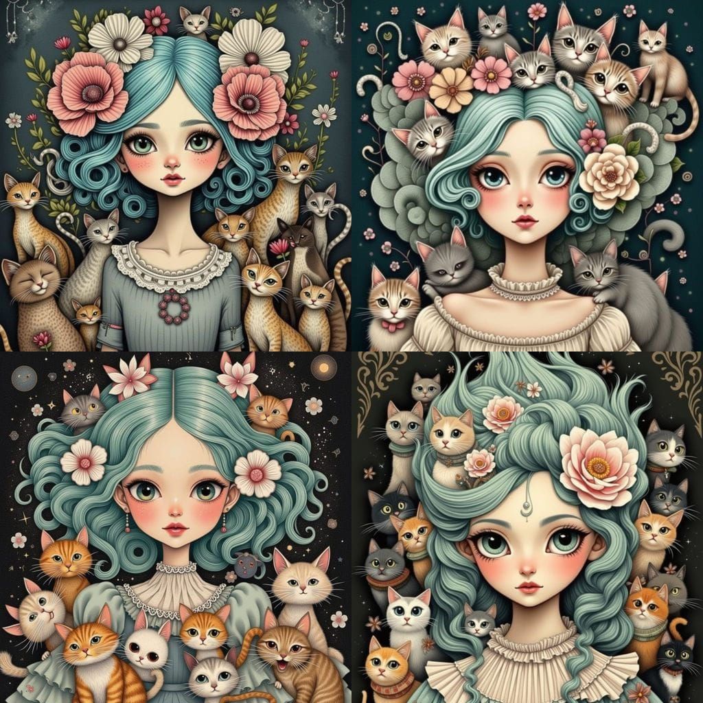 Surreal Portrait of Young Woman with Cats in Pencil Sketch S...