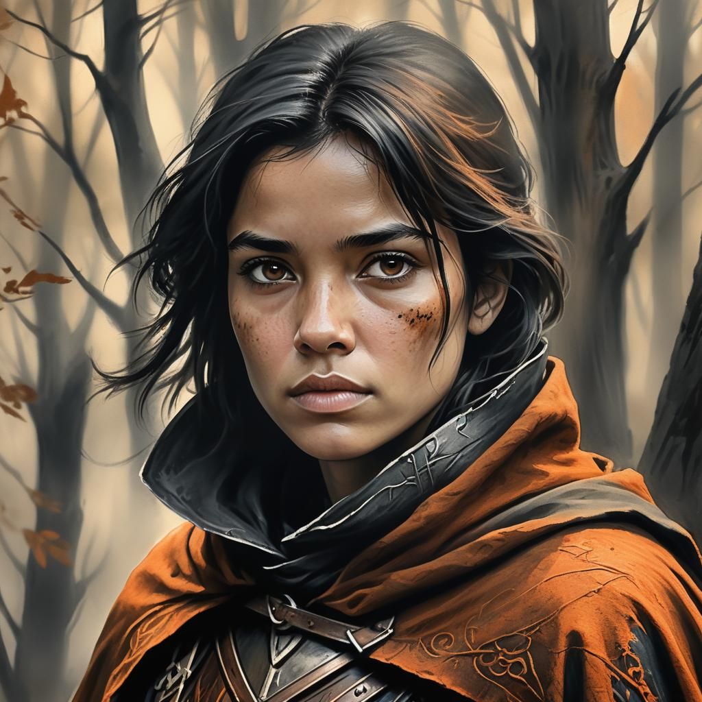 Ebony Haired Medieval Ranger in Charcoal Portrait