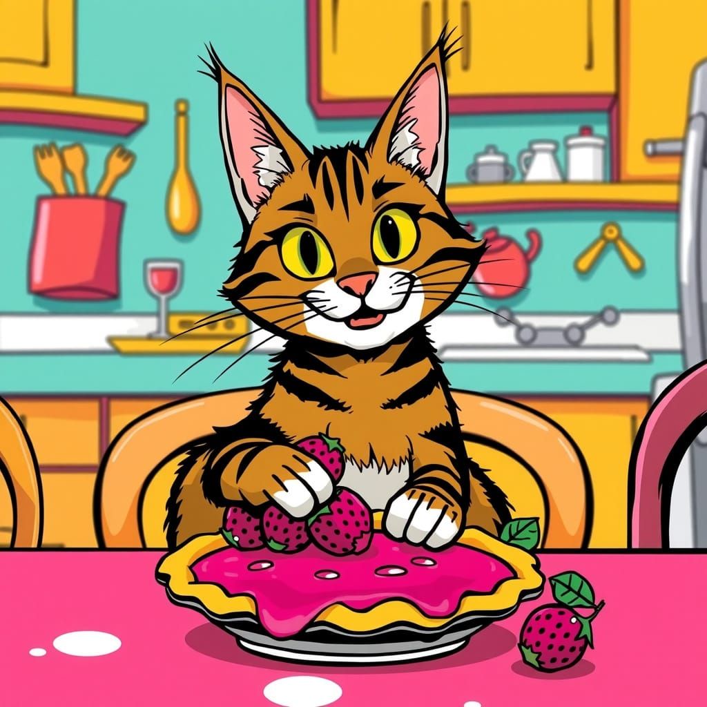 Whimsical Tabby Cat in Pop Art Kitchen