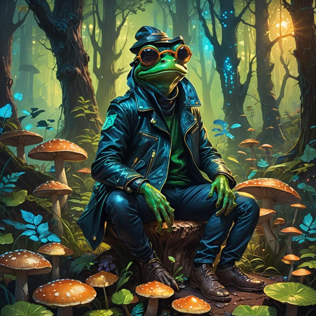 Cool Frog Man in Mystical Forest: Digital Painting