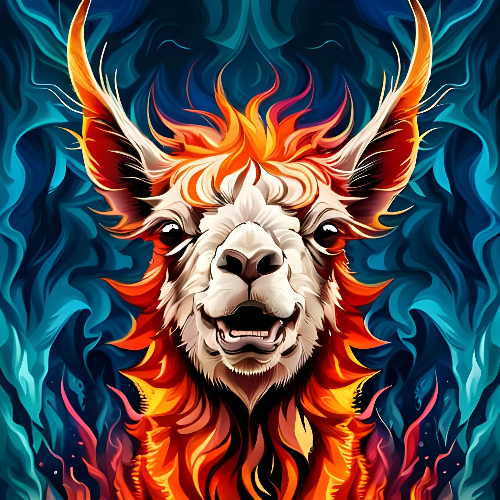 Terrified Llama Portrait with Fiery Background
