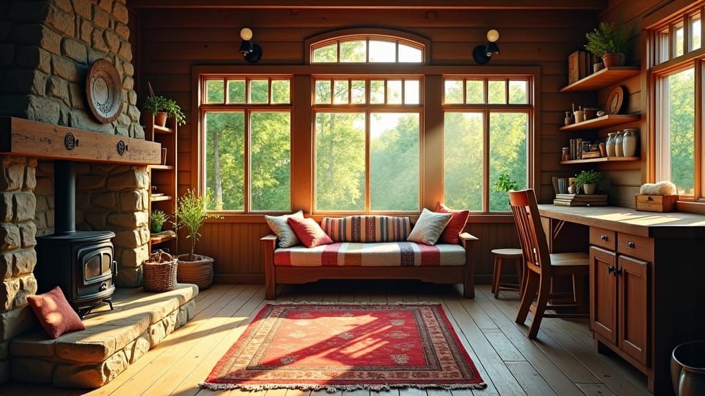 Cozy Cabin Interior in Warm Sunlight