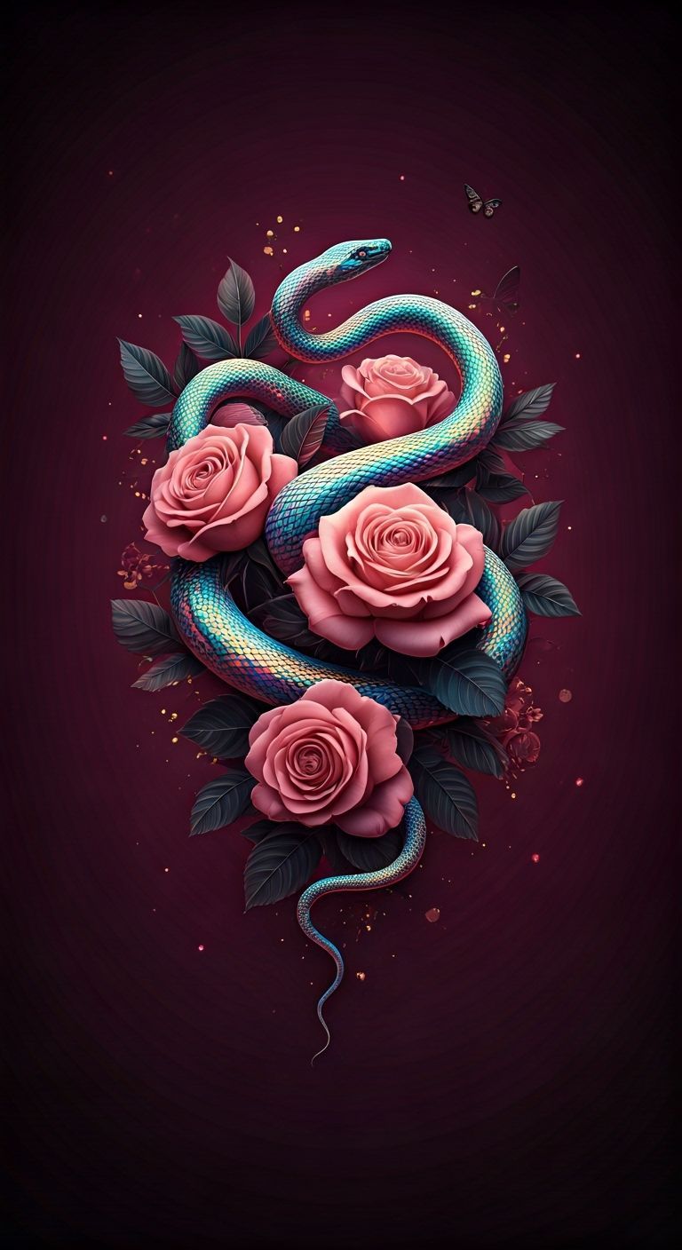 Iridescent Snake and Roses with Gold Sparkles and Butterflie...