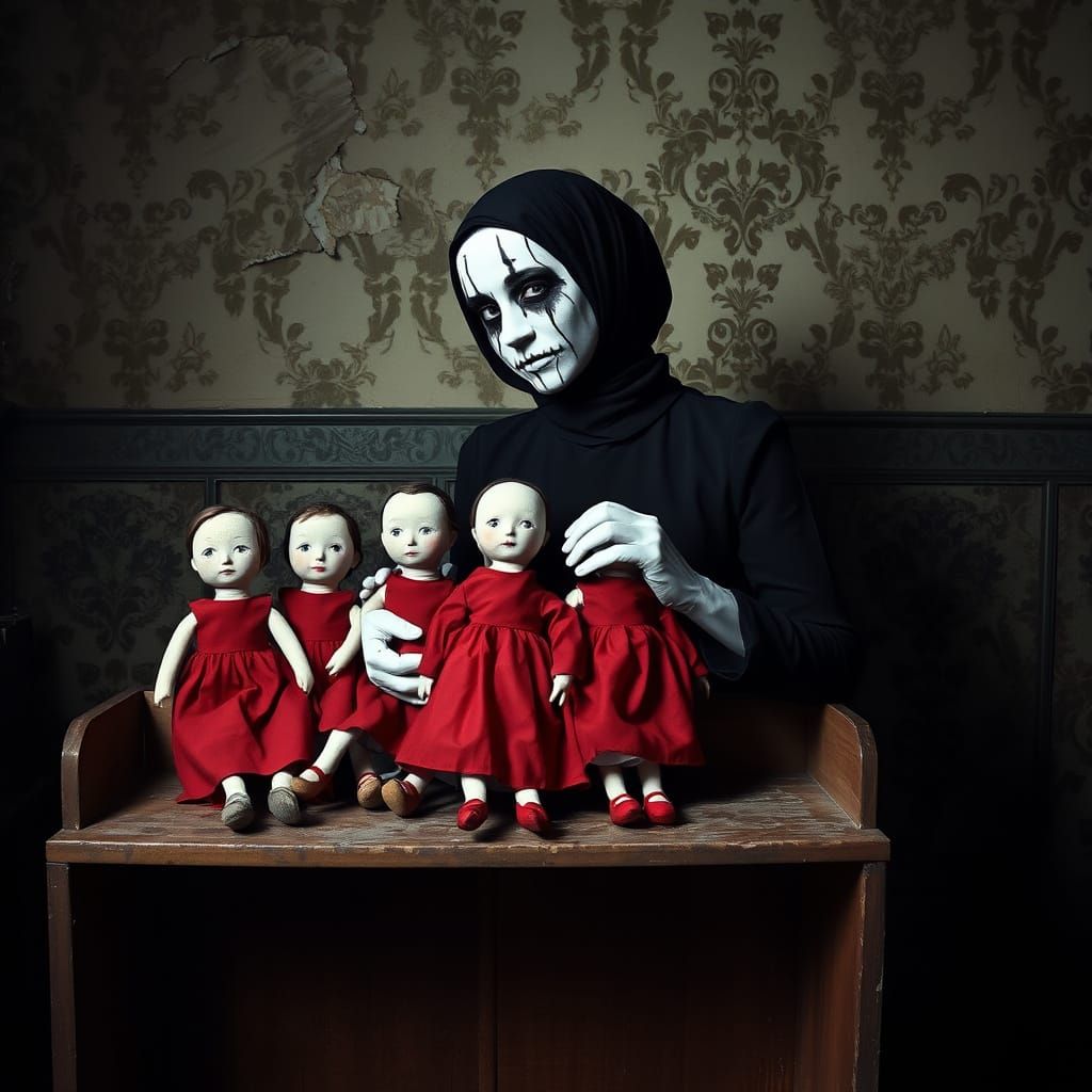 Eerie Dollmaker in a Dark, Dilapidated Room