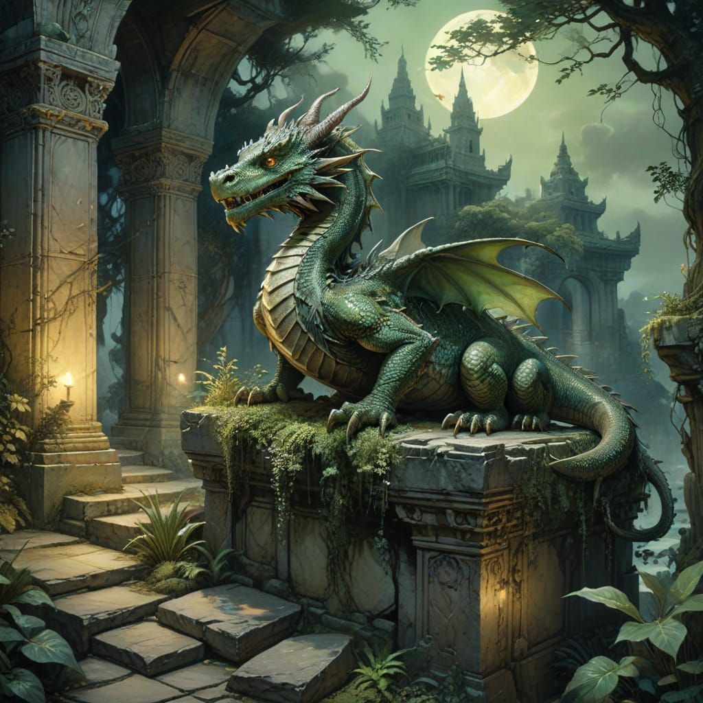 Dragon Perched on Crumbling Temple in Watercolor Style