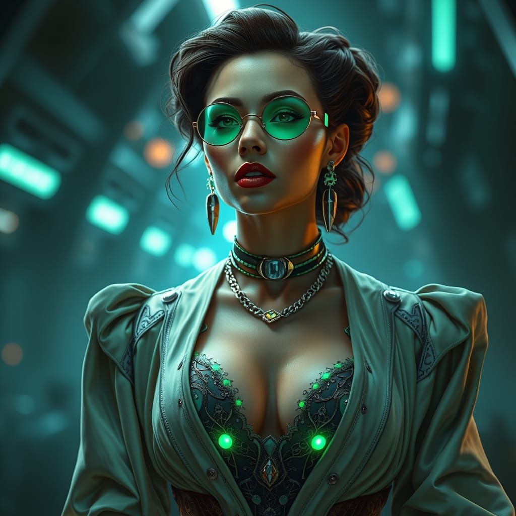Victorian Woman with Futuristic Jewelry in Hyperrealistic St...
