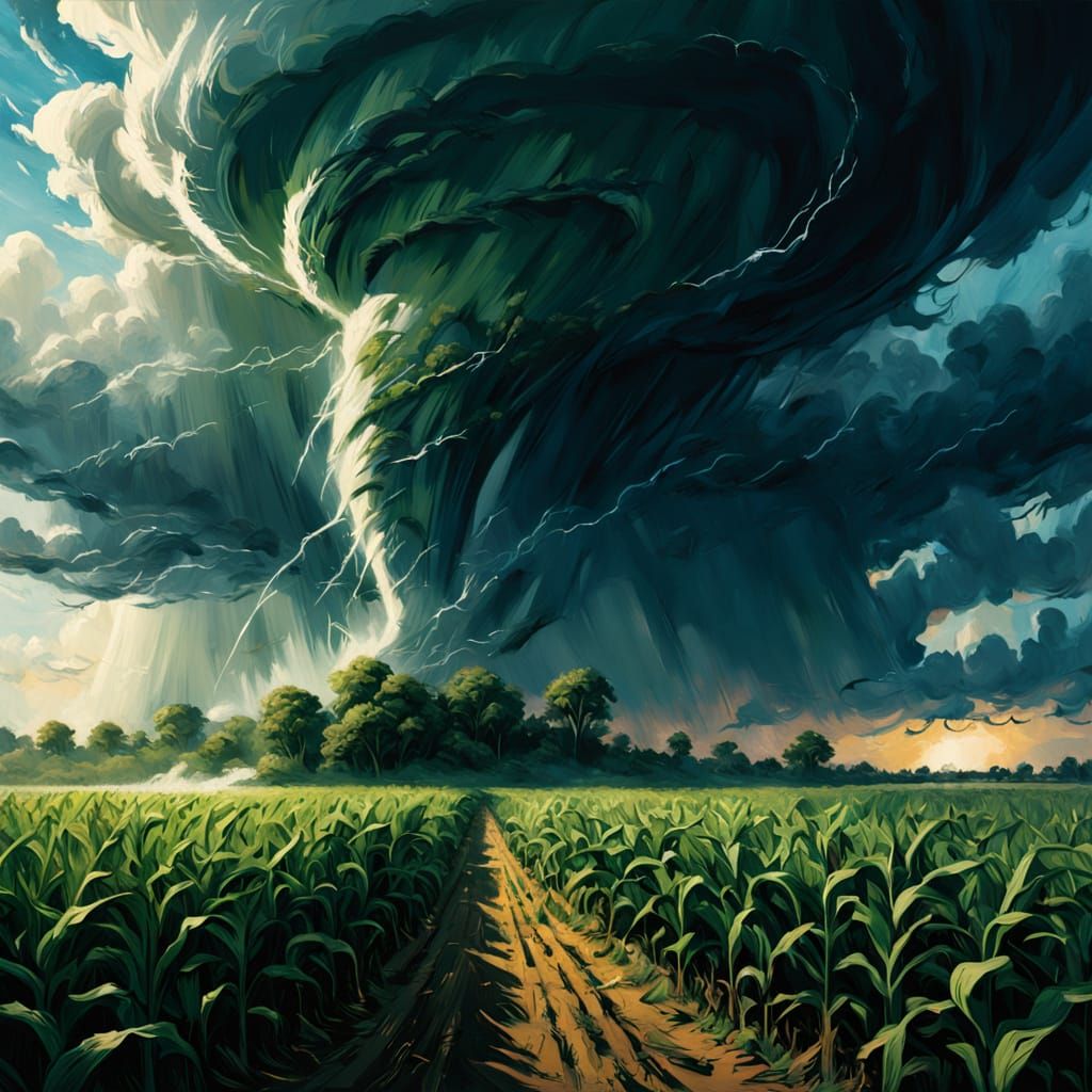 Cinematic Tornado in Corn Field Oil Painting
