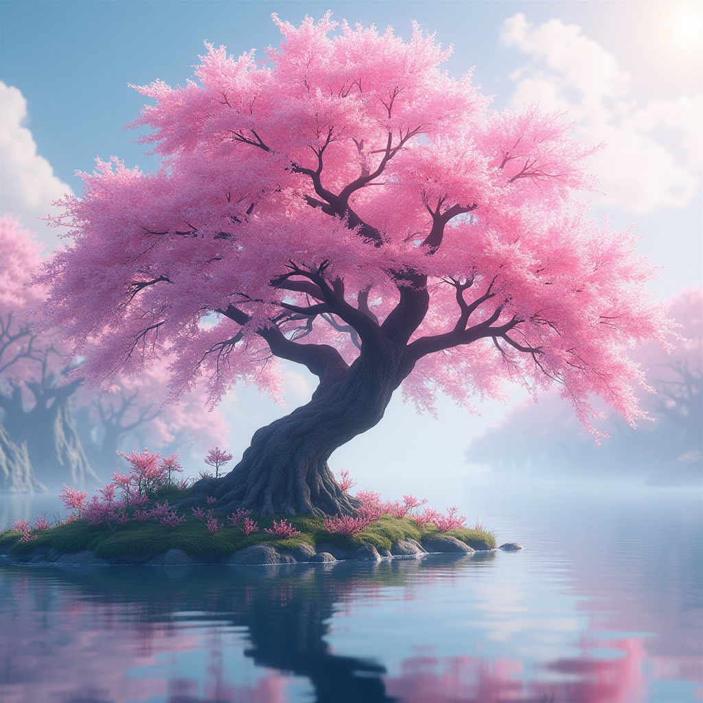 Sakura Tree by Lake: Anime-Inspired 3D Art