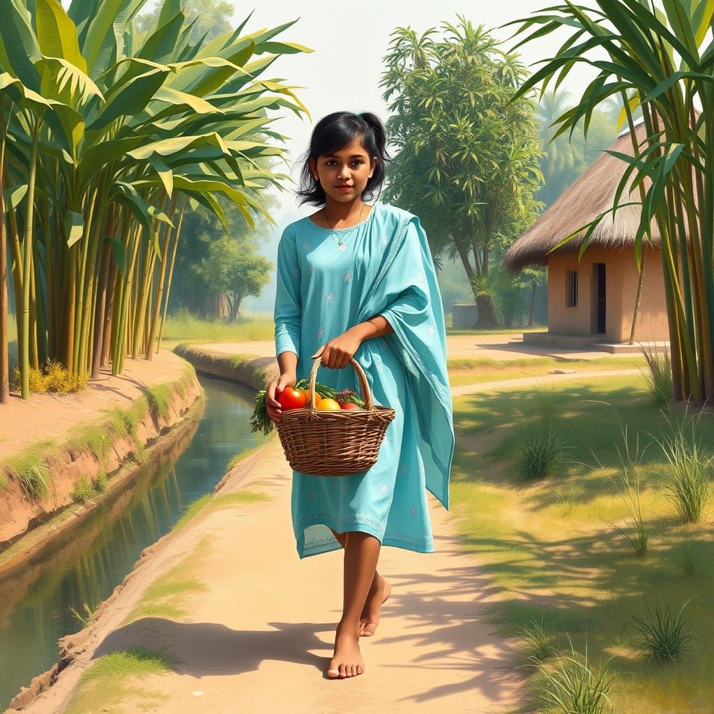 Bangladeshi Teenage Girl Strolls Rural Path