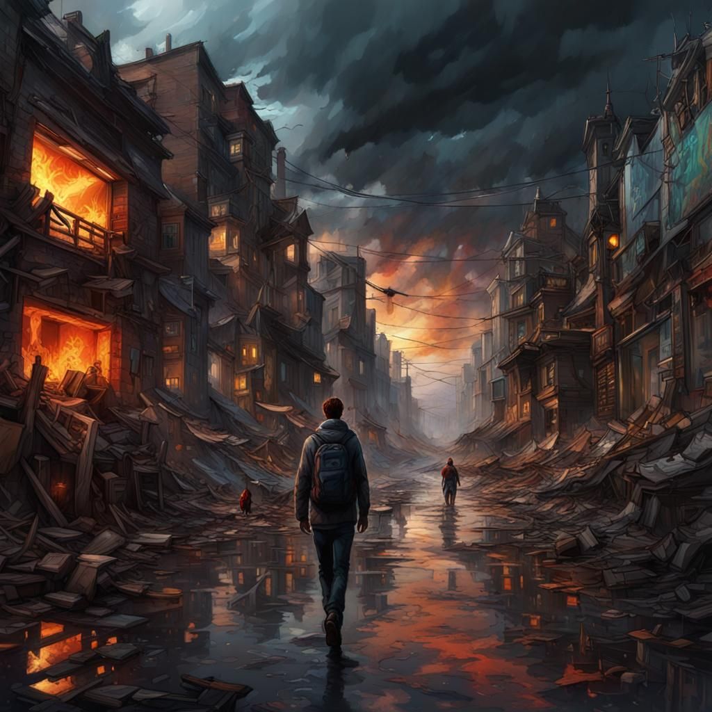 Dystopian Cityscape Under Stormy Skies: Dark Fantasy Art