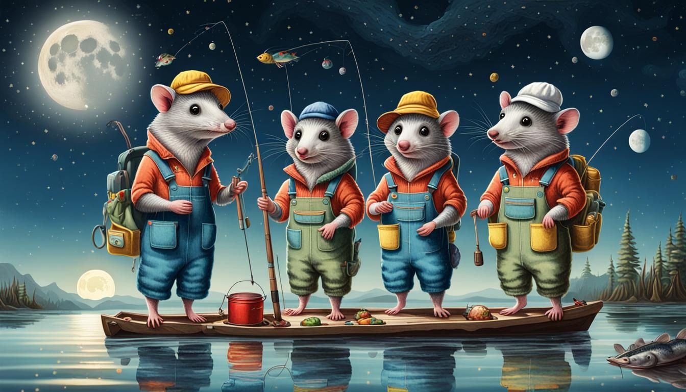 Opossums Fishing on the Moon in Victorian Style