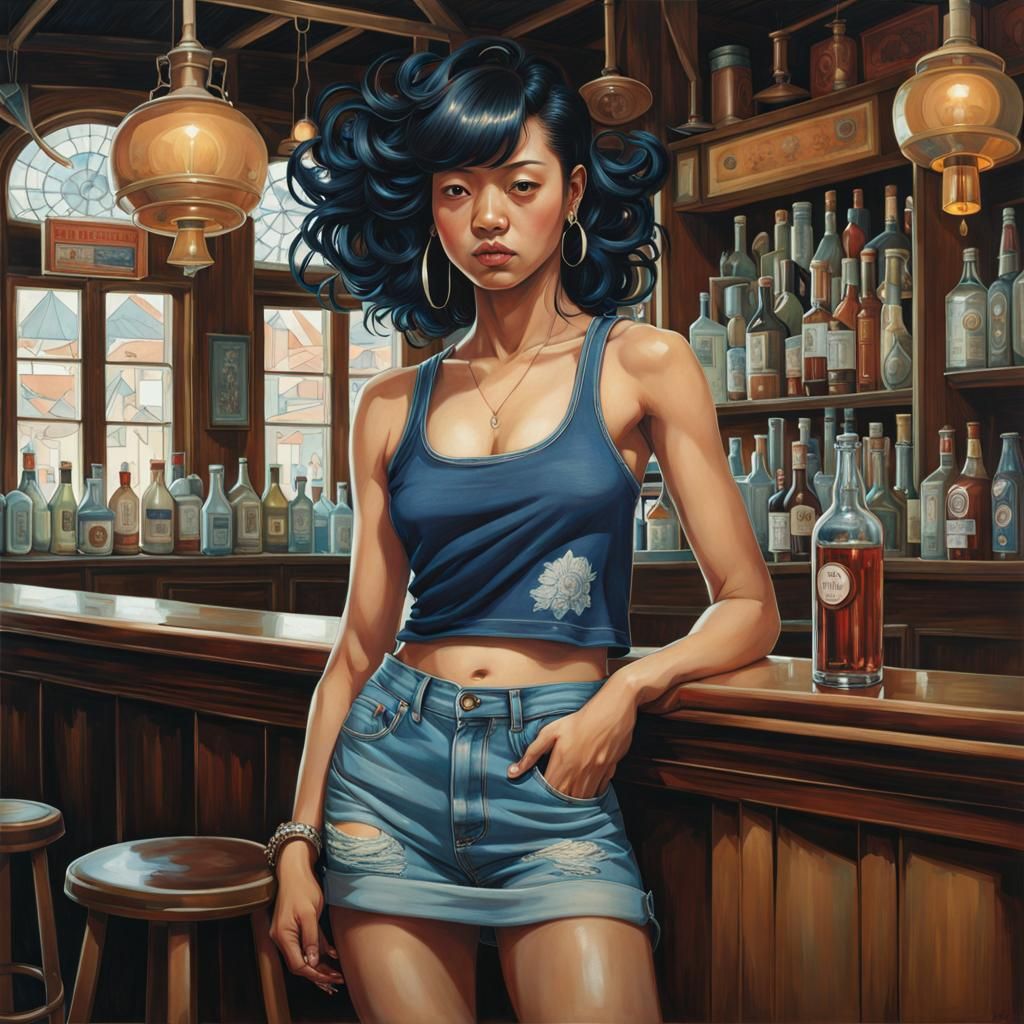 Modern Woman in Pub, Evocative Portrait