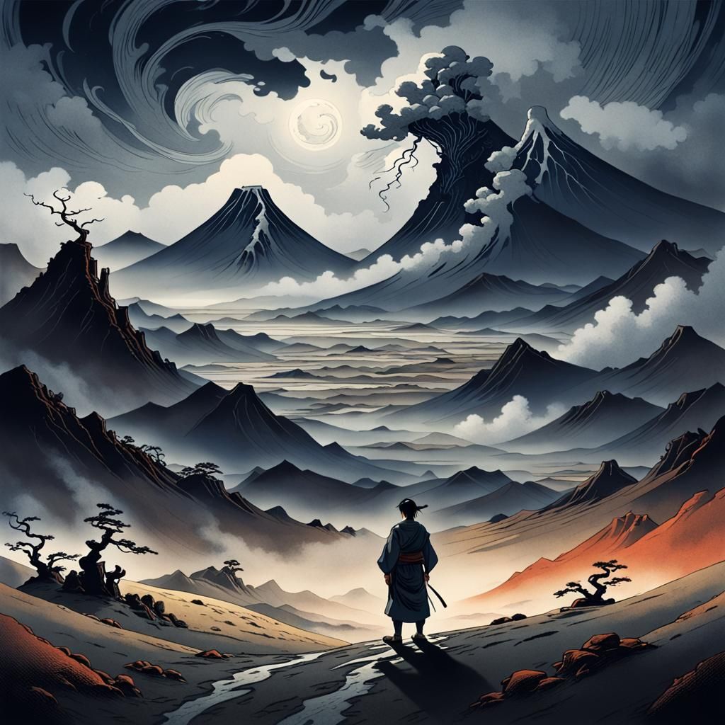 Ukiyo-e Traveler in Barren Wasteland
