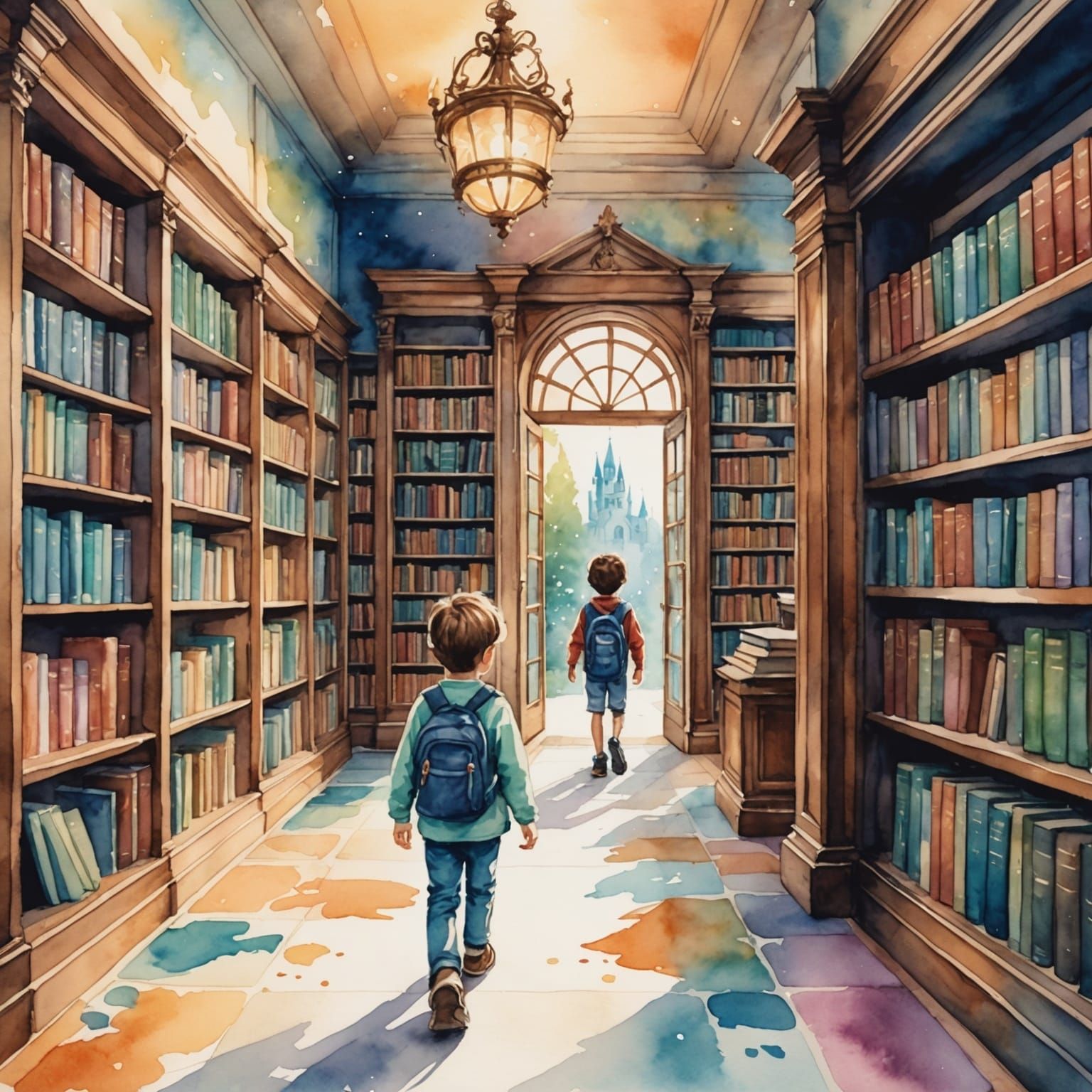 Magical Library Portal in Watercolor Style
