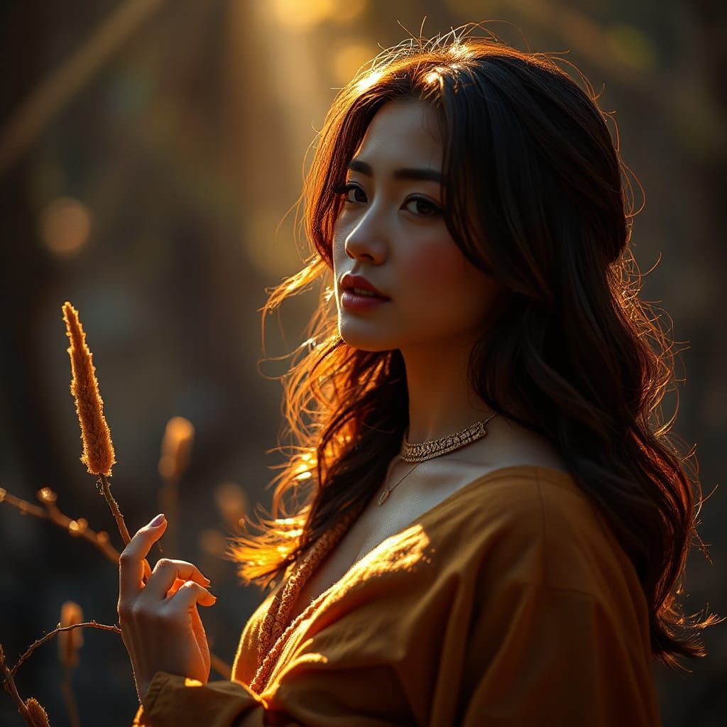 Mystical Woman in Golden Light: Cinematic Film Still