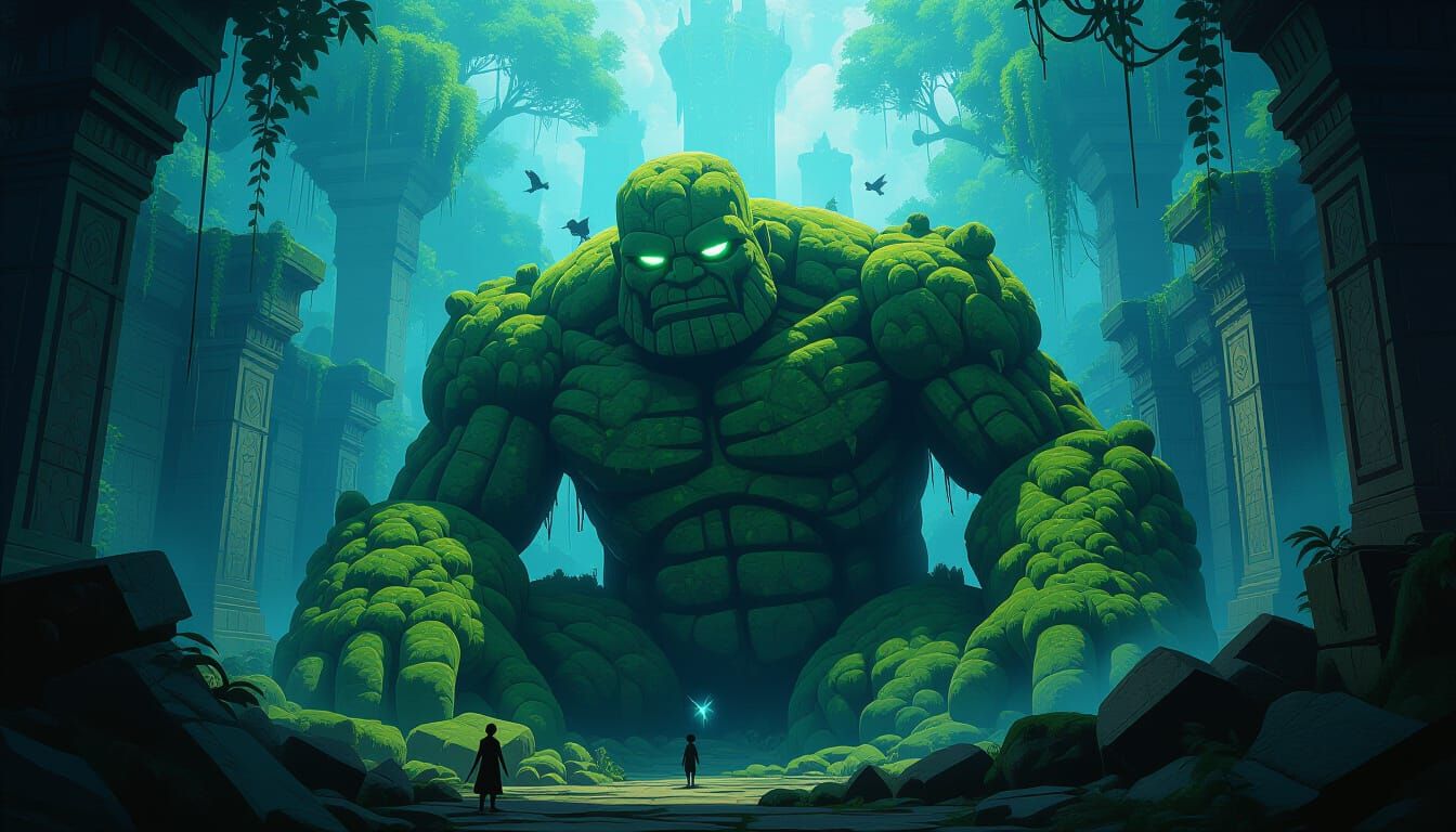 Mossy Stone Golem in Bioluminescent Jungle City