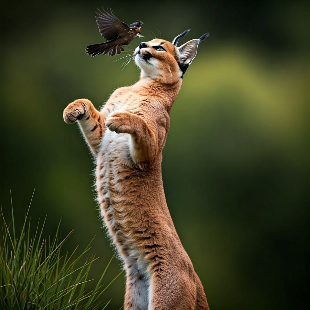 Caracal Leaps to Catch Bird: Hyperrealistic Image