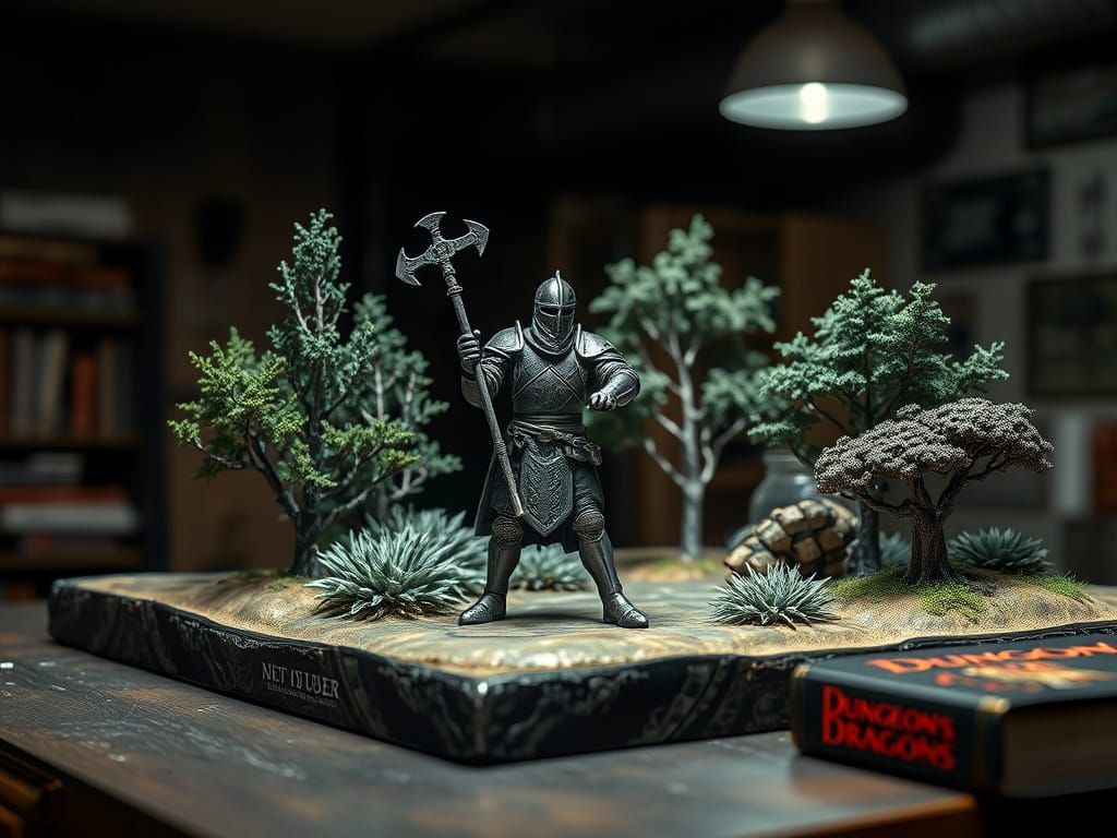 Photorealistic Lead Knight Miniature in D&D Diorama