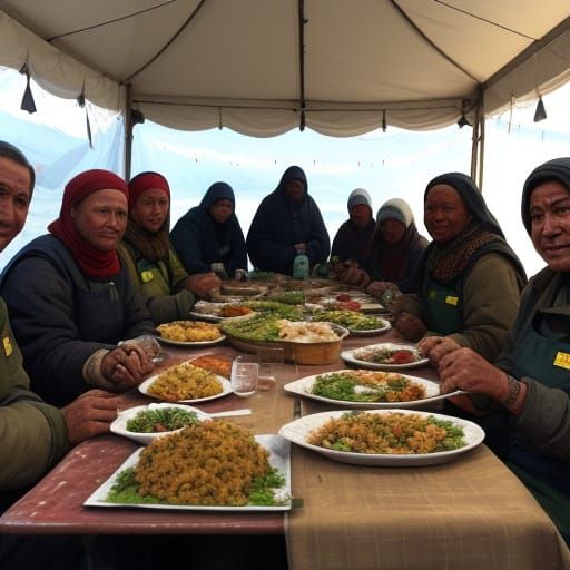 Compassionate Feeding Tent Scene as Oil Painting