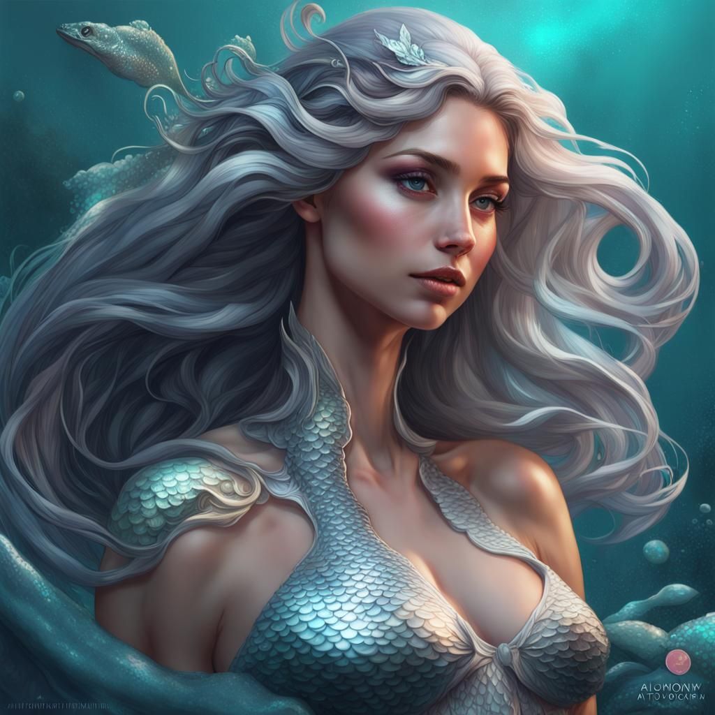 Silver Scaled Mermaid Portrait in Digital Art Style