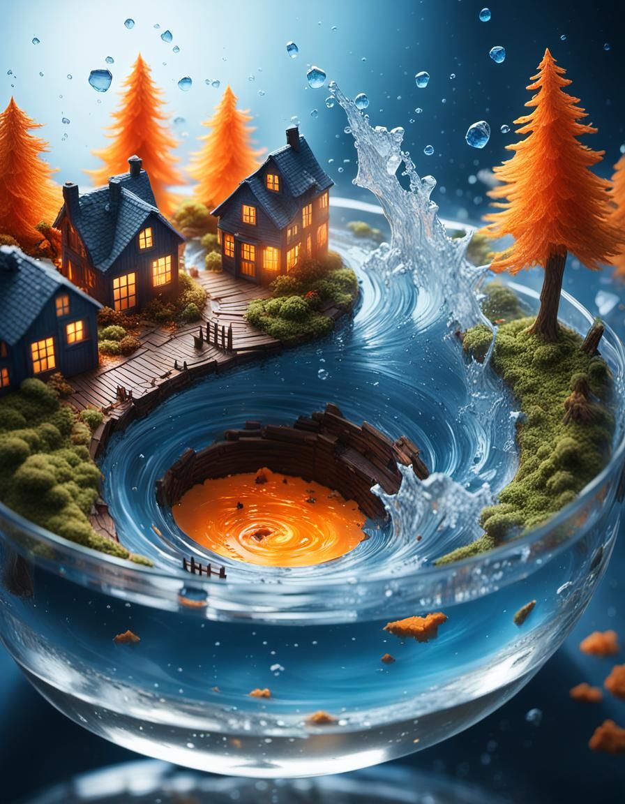 Miniature Village Devastated by Storm: Digital Art