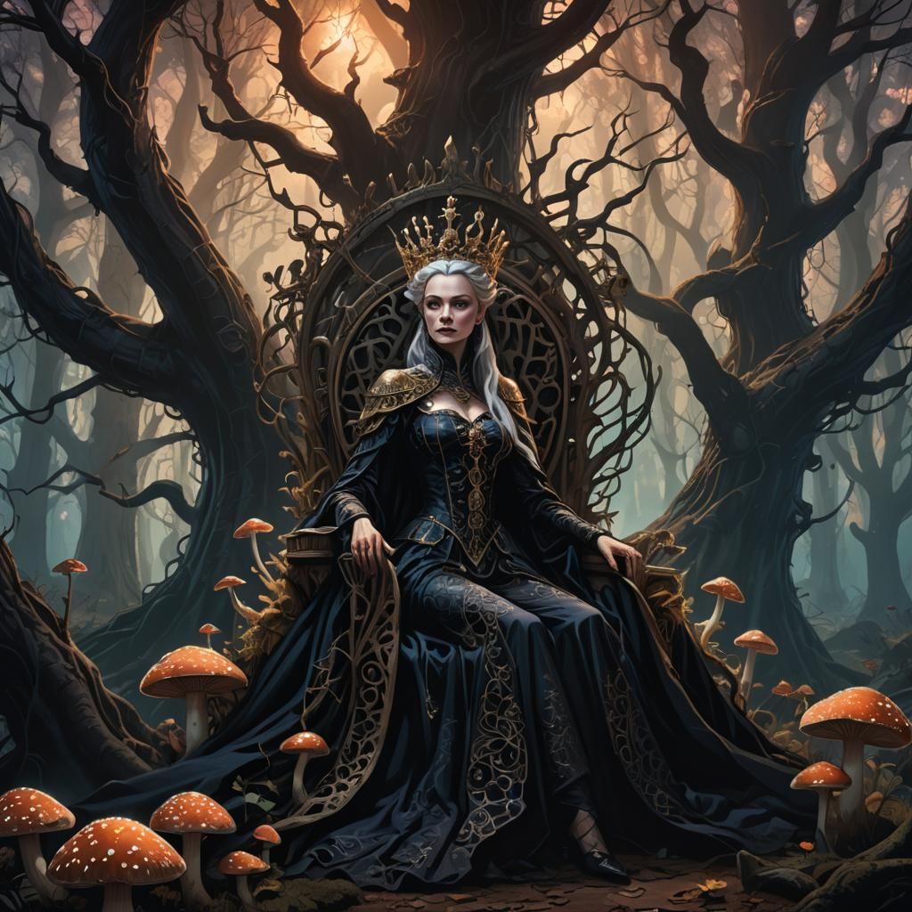 Regal Queen in Mystical Dark Fantasy Forest