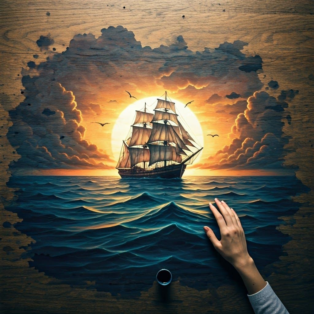 Ink Spill Sea: Ship Adrift in Stormy Waves