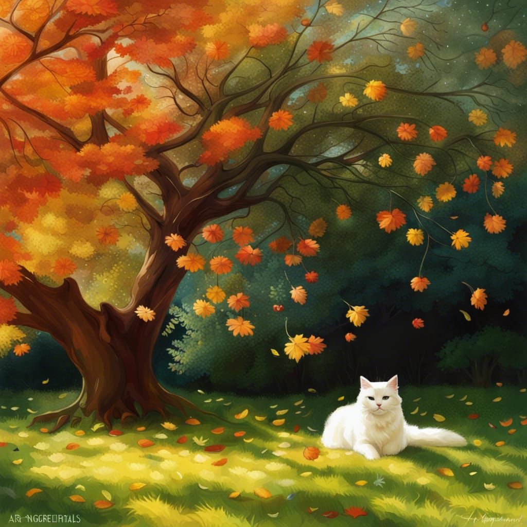 Autumn Garden with Sleeping Cat, Photorealistic Style