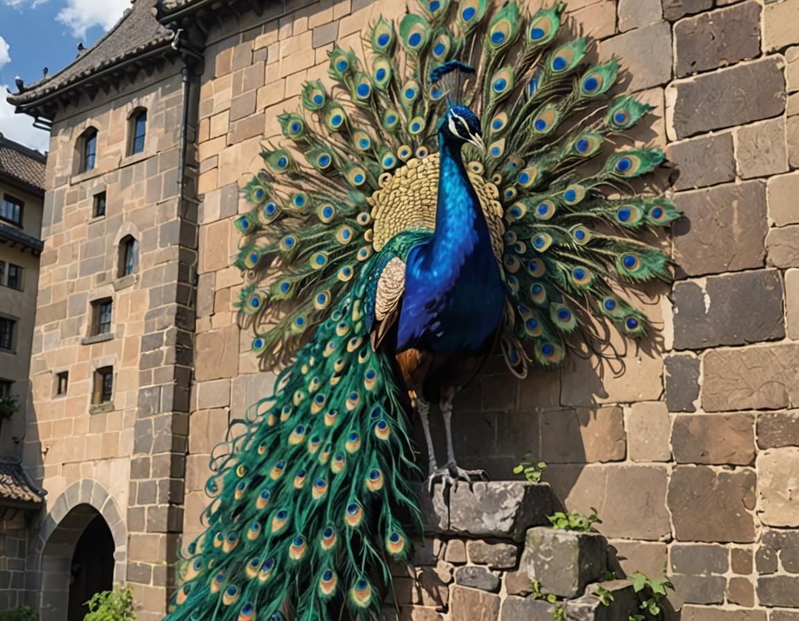 Peacock on Castle Wall in Studio Ghibli Style