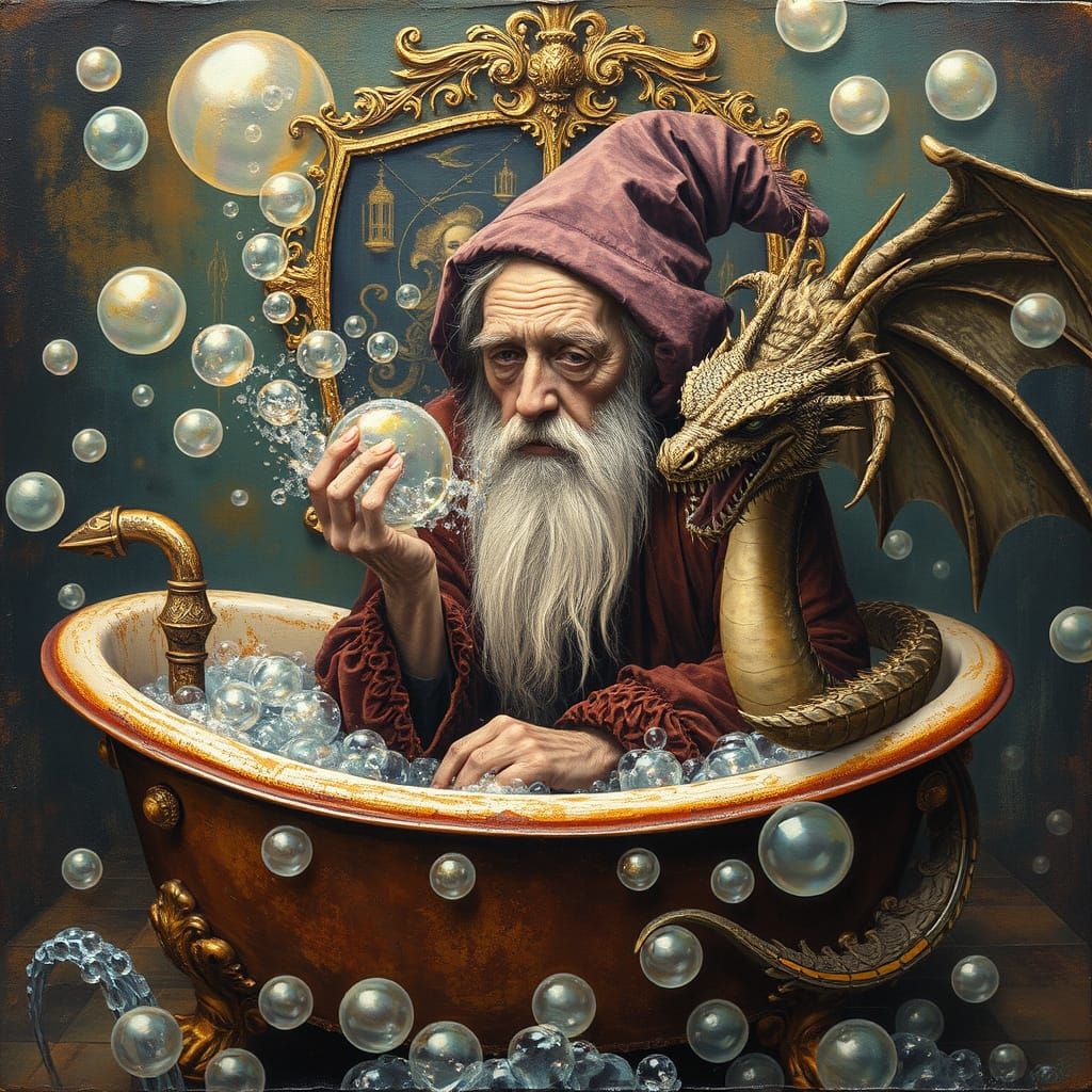 Wizard Blowing Bubbles in Encaustic Surreal Portrait
