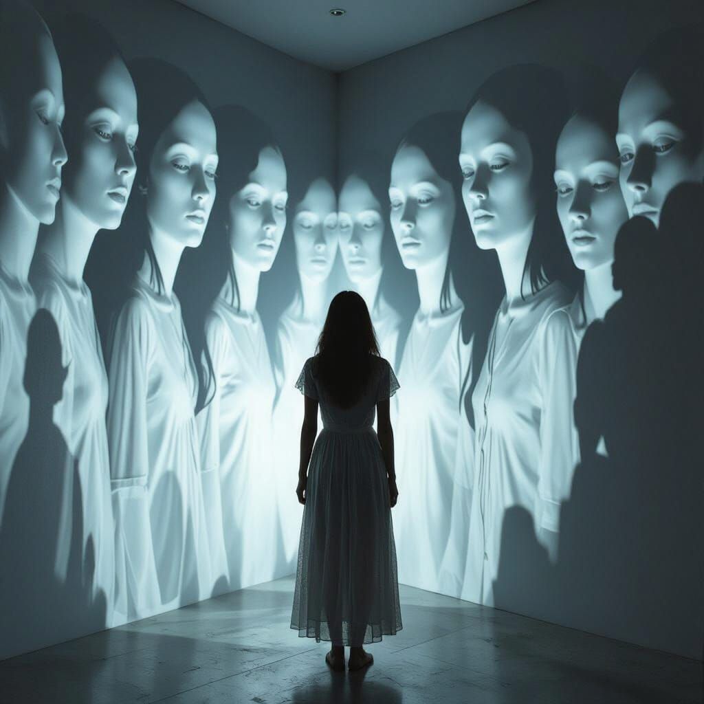 Eerie Woman Surrounded by Distorted Faces in Surrealist Styl...