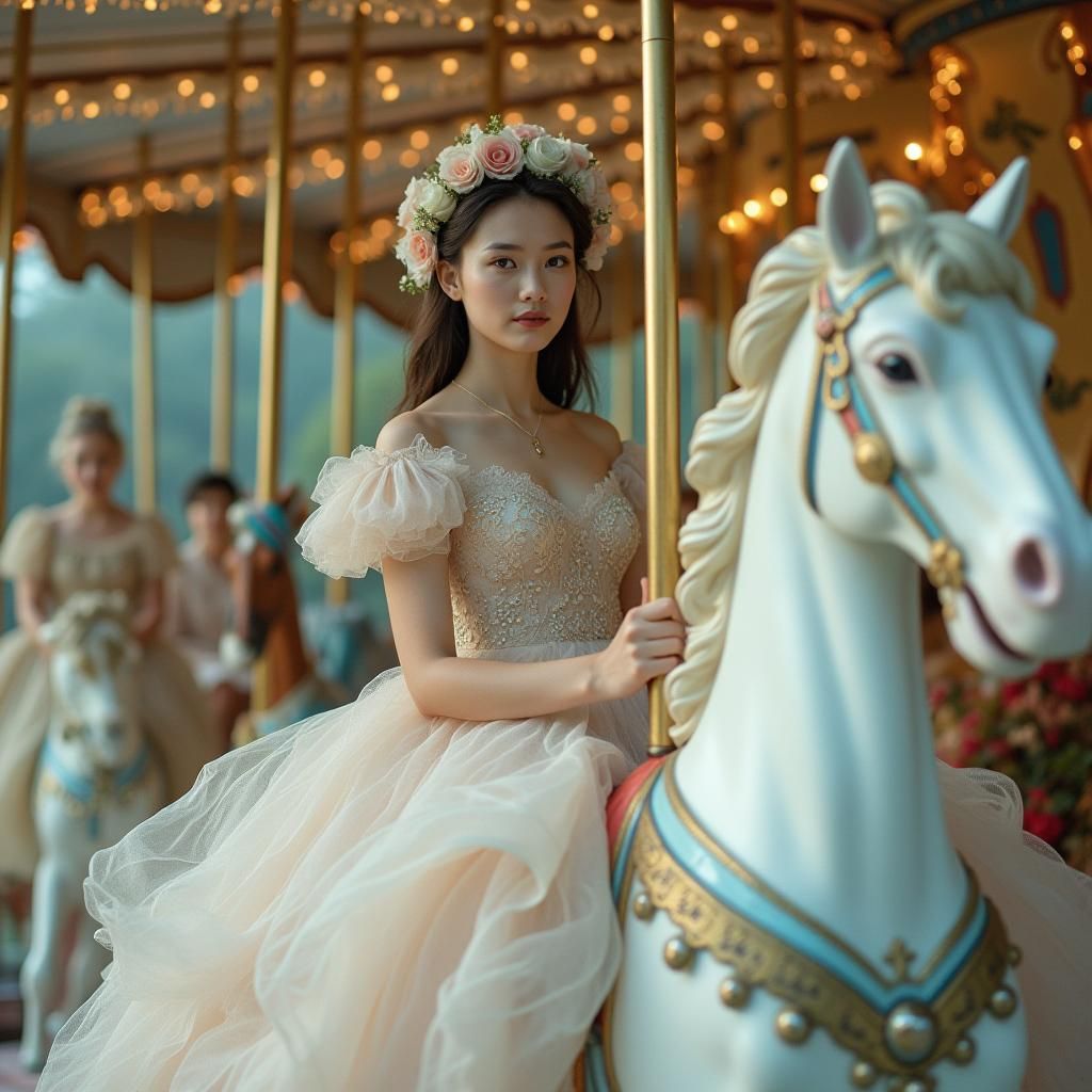 Porcelain Queen on Carousel in Pastel Light