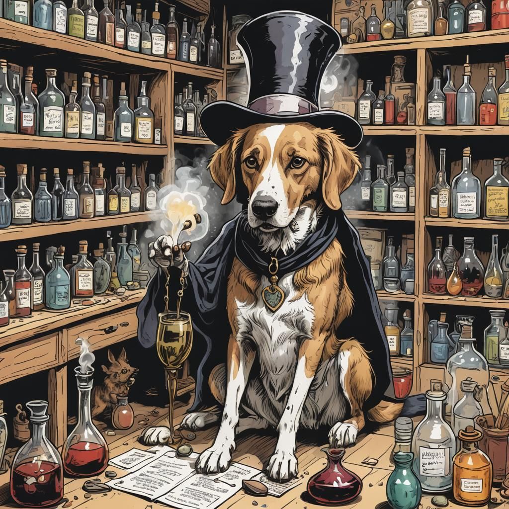 Magician's Dog Sniffing Potions, Underground Comic Style