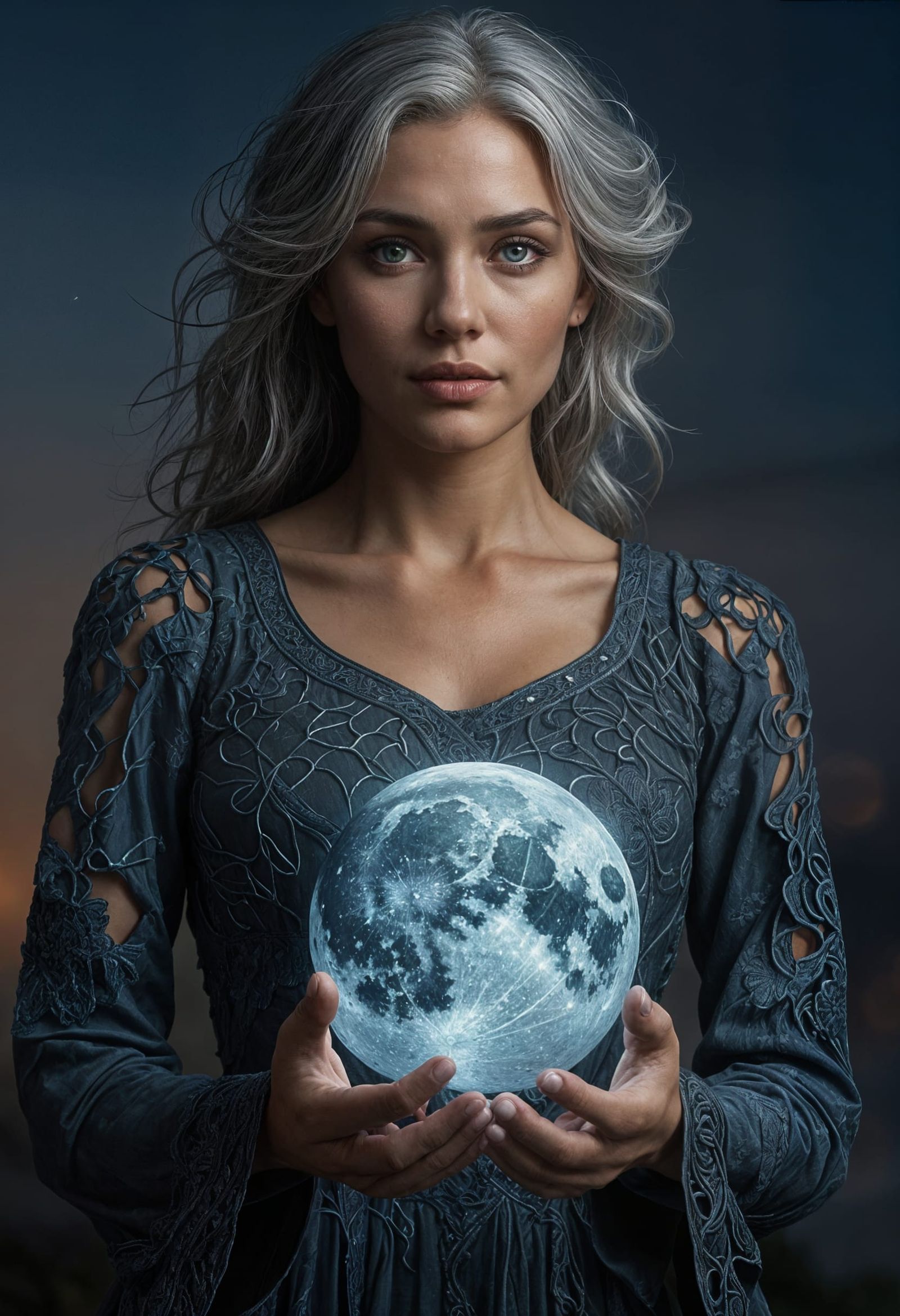 Silver-Haired Witch Holding a Blue Moon
