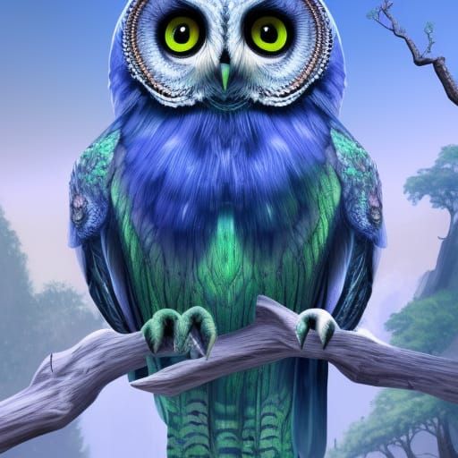 Realistic Blue-Green Owl in Detailed Matte Painting