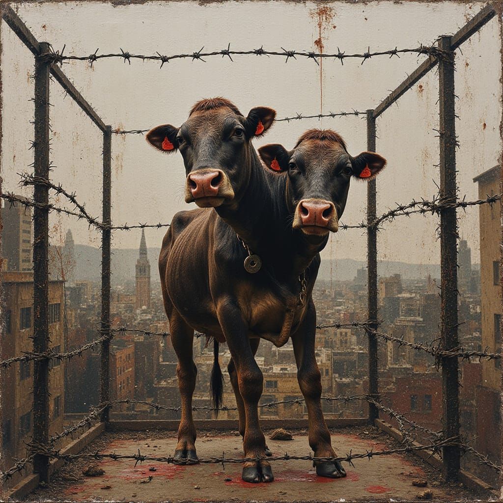 Abstract Mutant Cow in Barbed Wire Cage