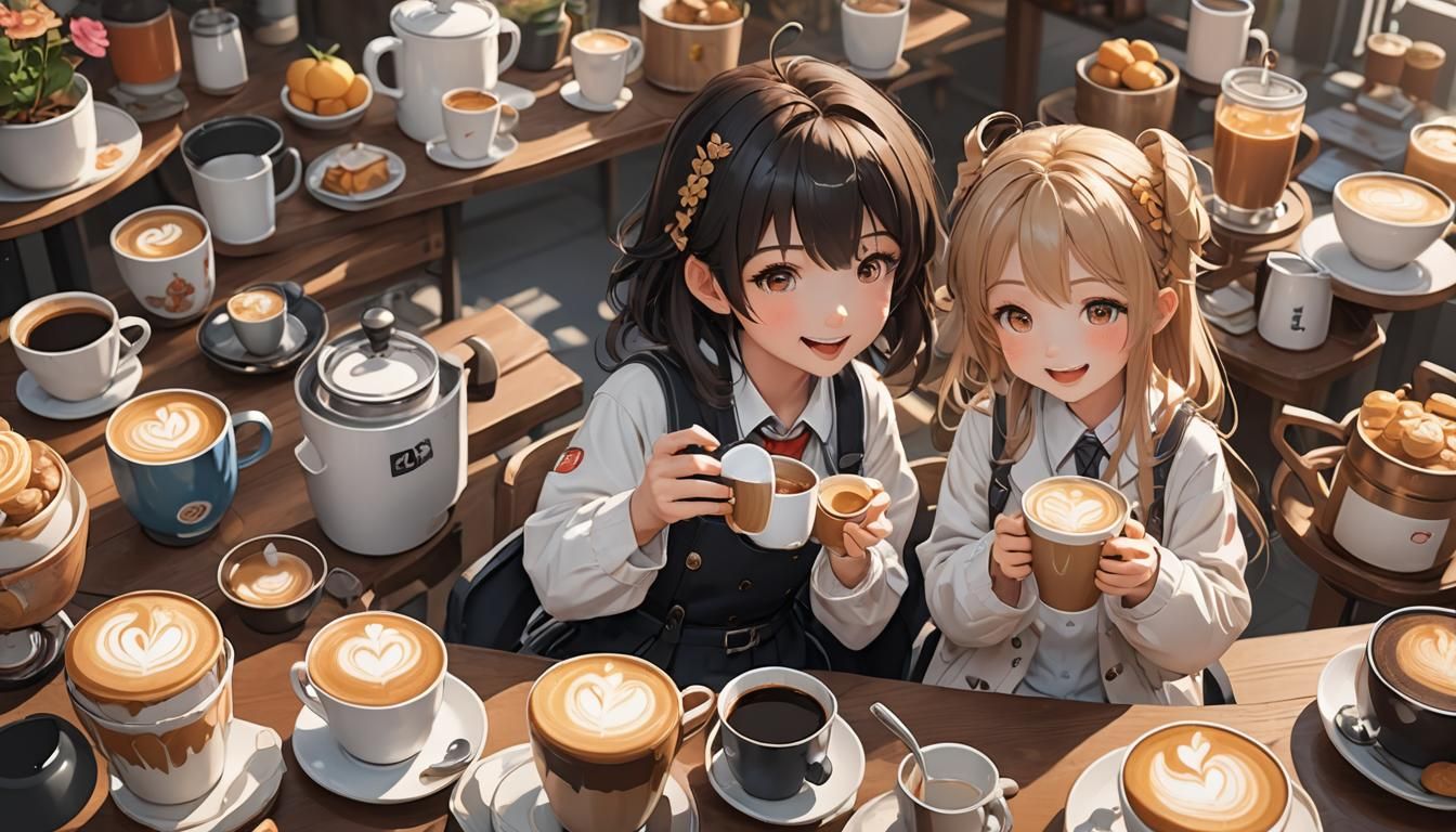 Cute Cartoon Character Enjoying Coffee in Anime Style