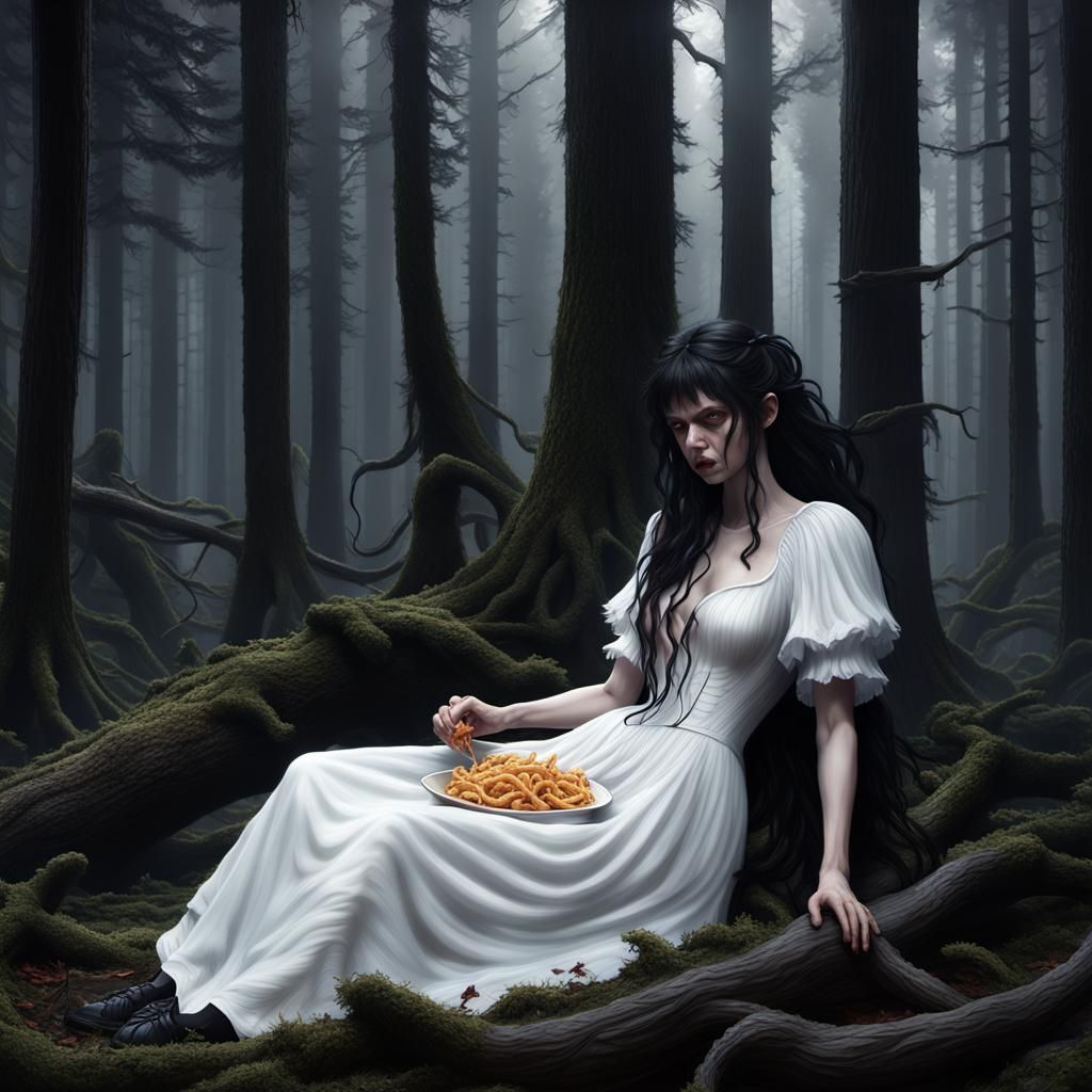 Gothic Woman Eats Fries in Dark Forest, Detailed Digital Art
