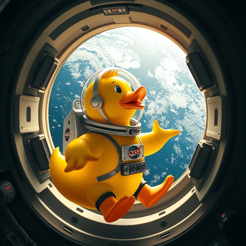 Cosmic Rubber Duck in Spacesuit, Earth in Background