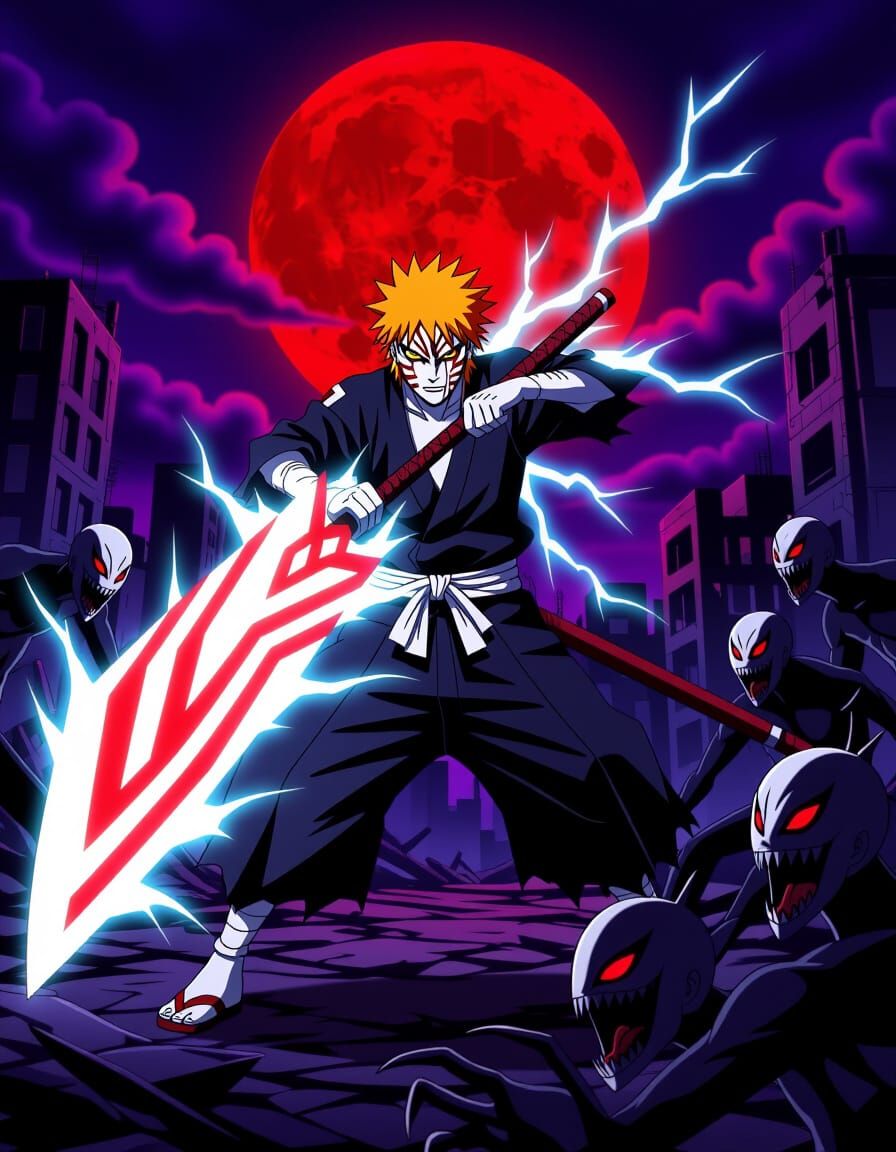 Visored Ichigo Battles Hollows Under Full Moon