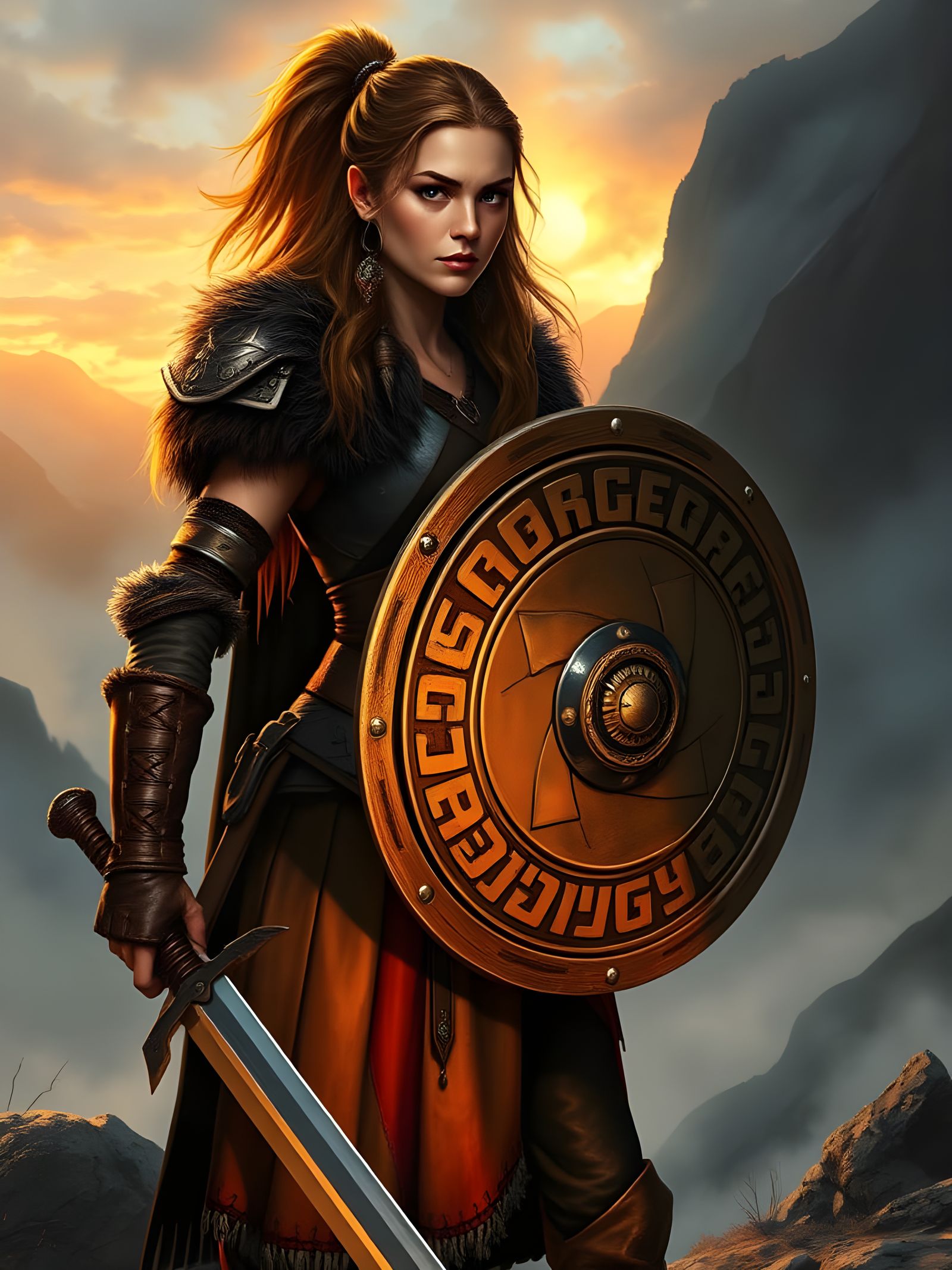Viking Warrior Maiden Wields Shield